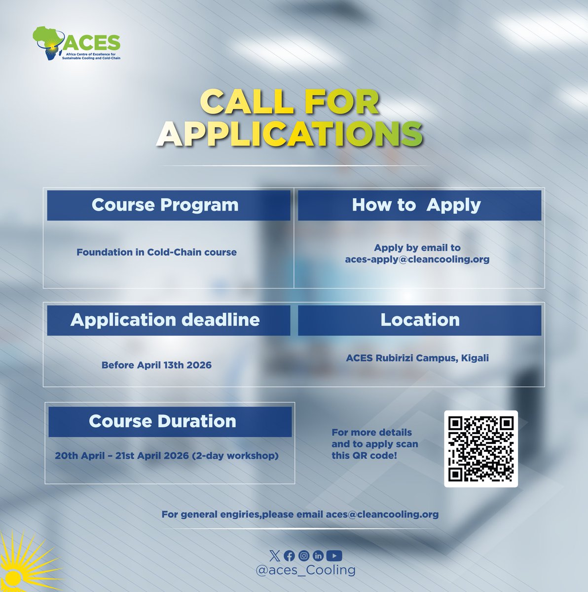 🚨 CALL FOR APPLICATIONS🚨

📦 Foundation in Cold-Chain course.

❄️ Strong cold-chains are essential for food security, public health, and resilient supply systems.

⚠️ Are you a policymaker, NGO professional, development practitioner, consultant, or sector stakeholder seeking