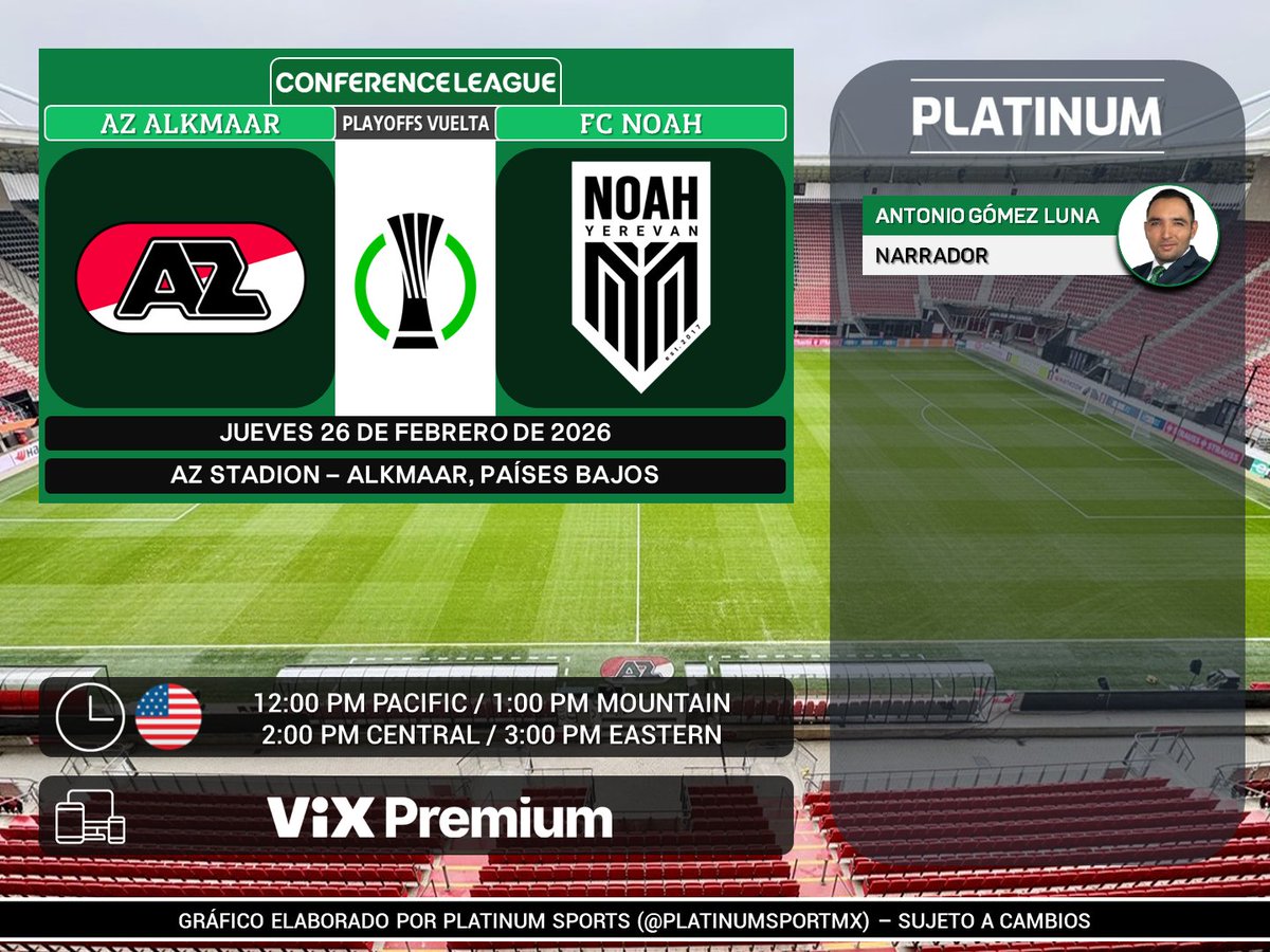 PlatinumSportMX's tweet photo. ⚽️ #UECL | 🇳🇱 #AZAlkmaar vs. #FCNoah 🇦🇲
🇺🇲📱💻 @VIX Premium
🎙 @AgomezlunaM
#ConferenceLeagueEnVIX https://t.co/s90LnJMWqR