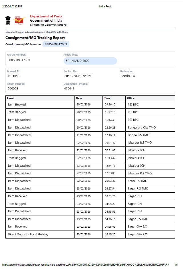 KrishnakantNH's tweet photo. Dear @IndiaPostOffice My consignment is stucked at Sagar City S.O. since 23rd Feb and still not transferred to my destination till now kindly look into this so that i can receive my consignment as soon as possible. Tracking Id is EB059093170IN https://t.co/kSs9Ft5MxA