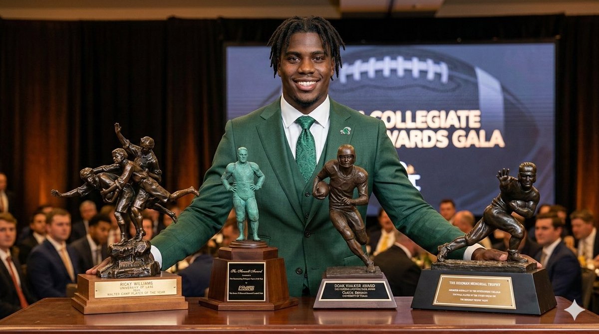 DDCFLNEWS's tweet photo. UNPRECEDENTED

Tulane RB Mike Knight completes the most dominant awards run in CFB history taking home the Heisman Trophy, Doak Walker, Maxwell, and Walter Camp awards.

He becomes the first player ever to win all four in a single season. A historic, legacy-defining run. 🌊🏆 https://t.co/F04hKsBAyj