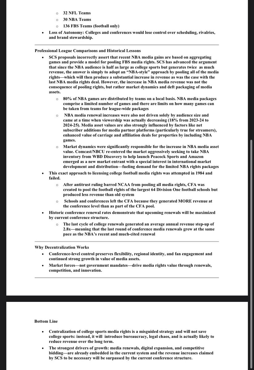 Here’s the full executive summary from the white paper sent to lawmakers by Big Ten and SEC commissioners regarding the Sports Broadcasting Act. It specifically attacks the proposal by Cody Campbell’s Saving College Sports organization.