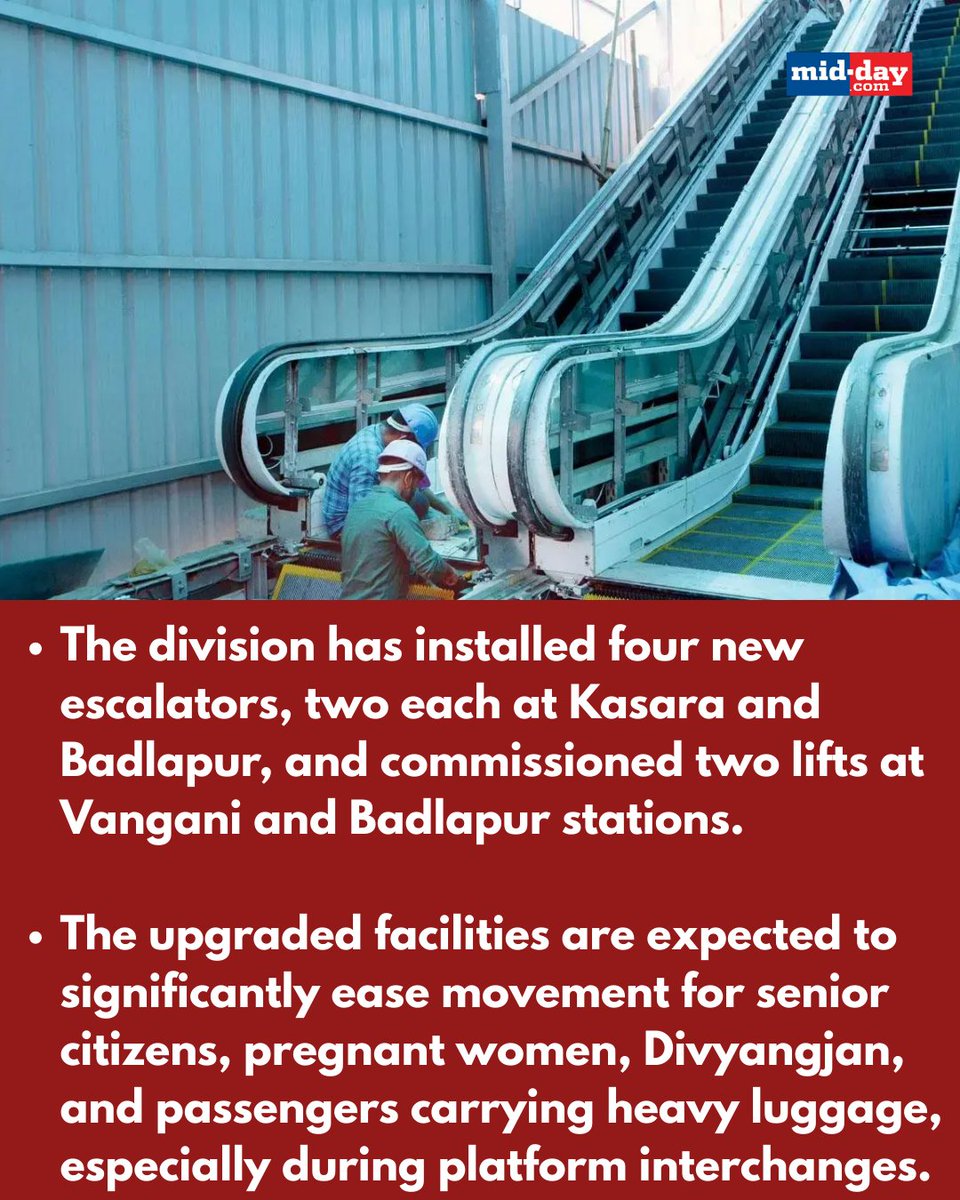 mid_day's tweet photo. The Mumbai division of Central Railway has rolled out a series of passenger amenity upgrades across key stations, adding new escalators, lifts, fans, LED lights and digital display systems in January 2026. https://t.co/ipVDovk2fo