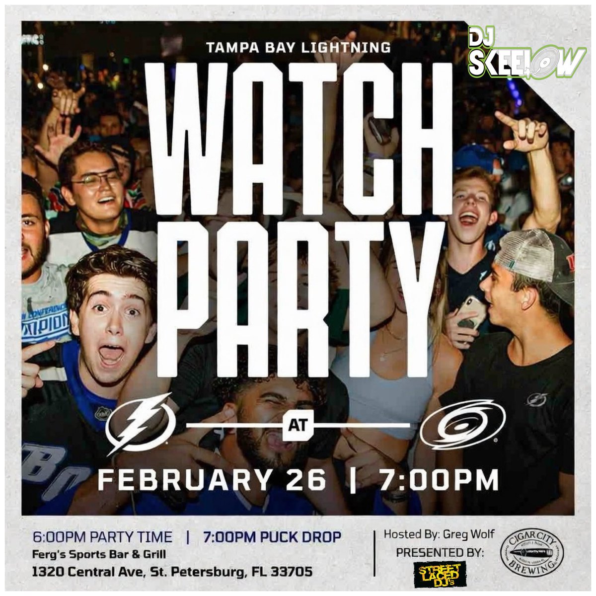 Hey, Hey #BoltsNation⚡️
I hope YOU can join ME for the official <a href="/TBLightning/">Tampa Bay Lightning</a> Watch Party TONIGHT at <a href="/FergsStPete/">Ferg's Sports Bar </a> in <a href="/dtsp/">Downtown St Pete</a> powered by <a href="/enjoyjaialai/">enjoyjaialai</a> &amp; <a href="/CigarCityBeer/">Cigar City Brewing</a>!

The party kicks off at 6 PM, puck drops at 7:00 PM, so grab your crew and cheer on the Bolts as they face the