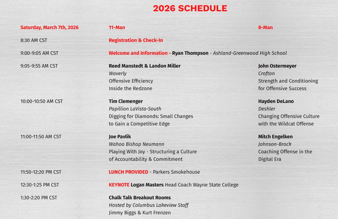 AGBluejayFball's tweet photo. 9 Days Away @PoweredUpClinic in Ashland!
Great Speakers, Food, Vendors, Opportunity!
Tim Clemenger, Papio South-Digging for Diamonds: Small Changes to Gain a Competitive Advantage
Hayden DeLano, Deshler-Changing Offensive Culture with the Wildcat Offense
🔗https://t.co/Nb894z1hKR https://t.co/mCI8aP2xZJ