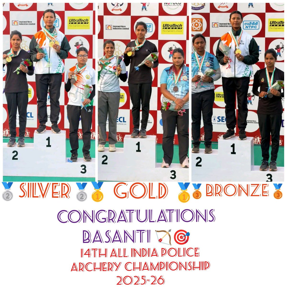 TheKudmiTimes's tweet photo. At the 14th All India Police Archery Championships 2025–26 🎯🏹, Basanti Mahato from Ransi village, Purulia, won Gold, Silver &amp; Bronze representing the CISF team. A proud moment for the Kudmi community and the nation. Wishing her more success ahead! 💐 https://t.co/zwqBfF690n