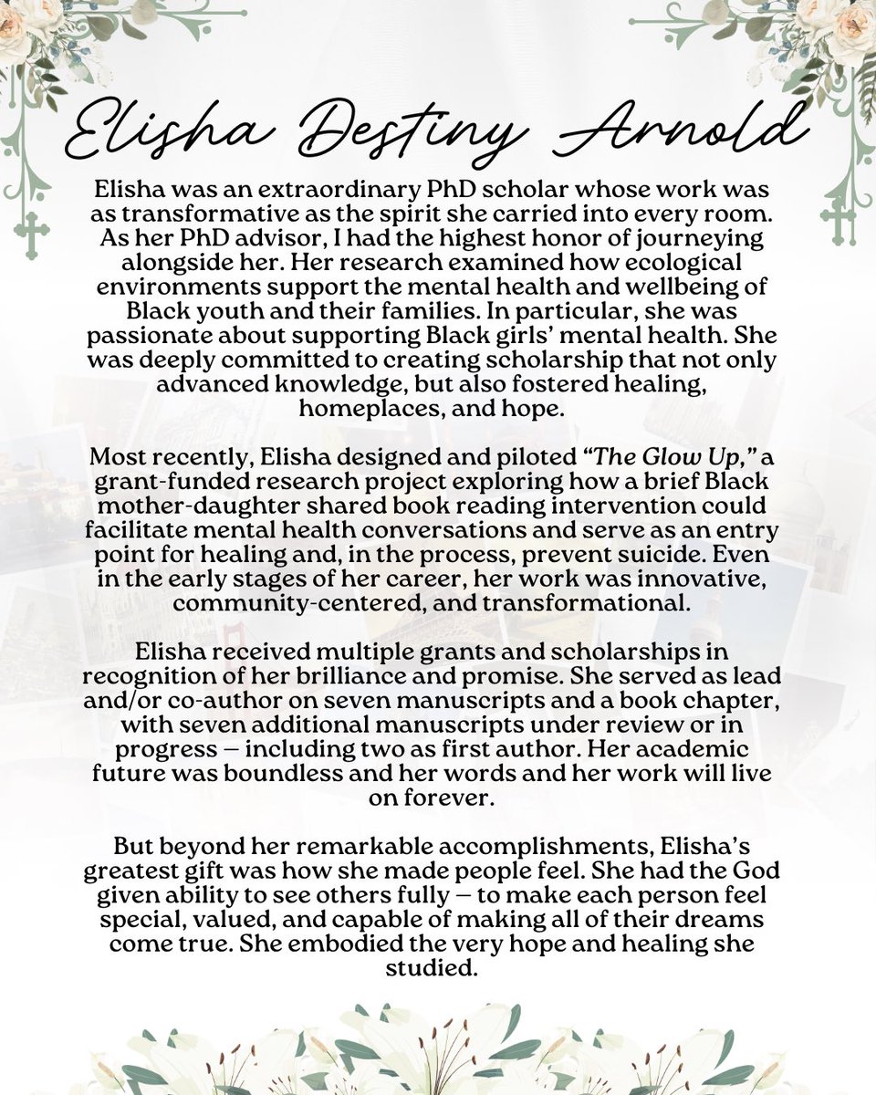 Elisha was a beloved daughter, sister, scholar, mentor, friend, &amp; radiant light. She died at just 26 years old after a brief &amp; courageous journey with gastric cancer. We are raising funds to support her mother and four sisters during this devastating time.
gofund.me/7c3598f5c