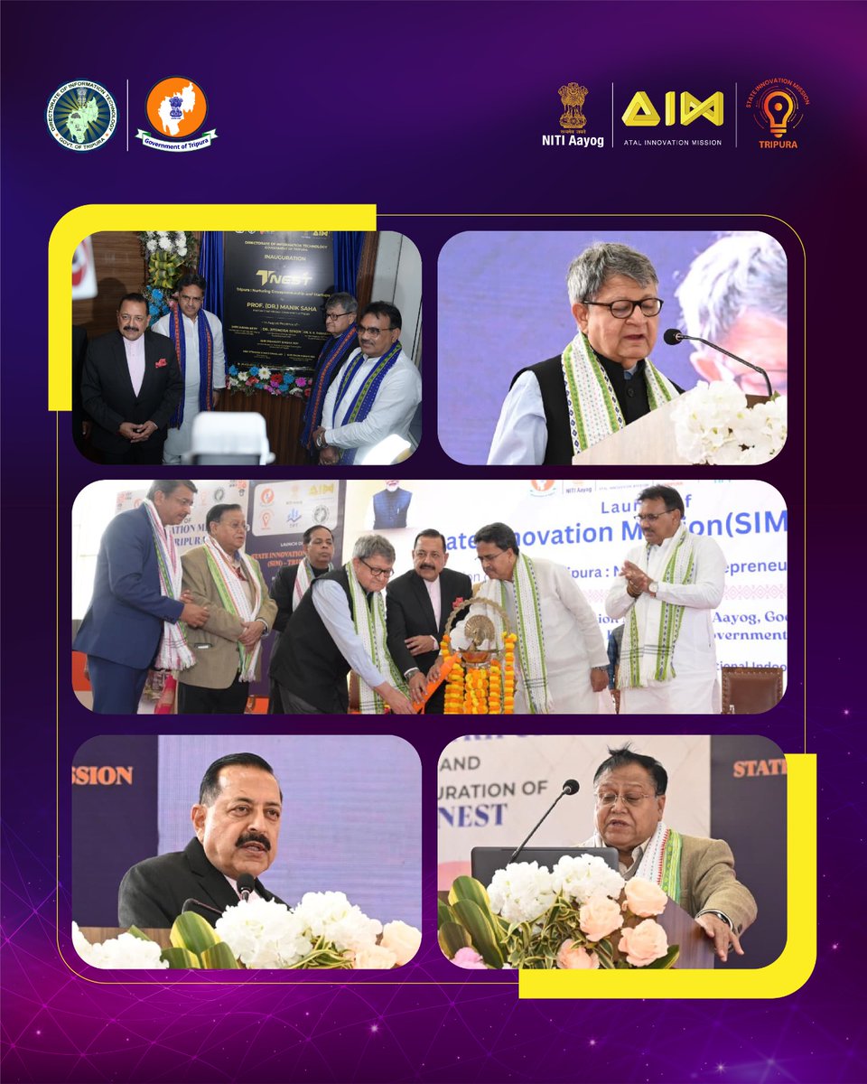 NITIAayog's tweet photo. NITI Aayog, through the Atal Innovation Mission (AIM), has launched the first State Innovation Mission (SIM) in Tripura under AIM 2.0, marking an important milestone in strengthening state-led innovation ecosystems and advancing India’s innovation-driven development agenda.

Launched in Agartala in the presence of Shri Suman Bery, Vice Chairman, NITI Aayog, Prof. (Dr.) Manik Saha, Chief Minister of Tripura, and Dr. Jitendra Singh, Union Minister of State, the initiative reflects NITI Aayog’s continued commitment to enabling states to embed innovation and entrepreneurship into their long-term growth strategies.

Under this initiative, key interventions include institutionalising SIM under TIFT, inauguration of T-NEST as a dedicated incubation facility, launch of a District Innovator Fellowship to scale grassroots innovation, and support for transforming Agartala into an AI-enabled city. Through SIM, NITI Aayog will support Tripura in developing innovation strategies aligned with the State’s economic priorities, regional strengths, and future growth potential.

State Innovation Mission (SIM), anchored under AIM 2.0, serves as a long-term institutional mechanism to strengthen state innovation ecosystems through policy support, capacity building, partnerships, and context-driven interventions, advancing the vision of Viksit Bharat through innovation-led development.

#PMOIndia #NITIAayog #AtalInnovationMission #StateInnovationMission #Tripura #InnovationEcosystem #ViksitBharat2047