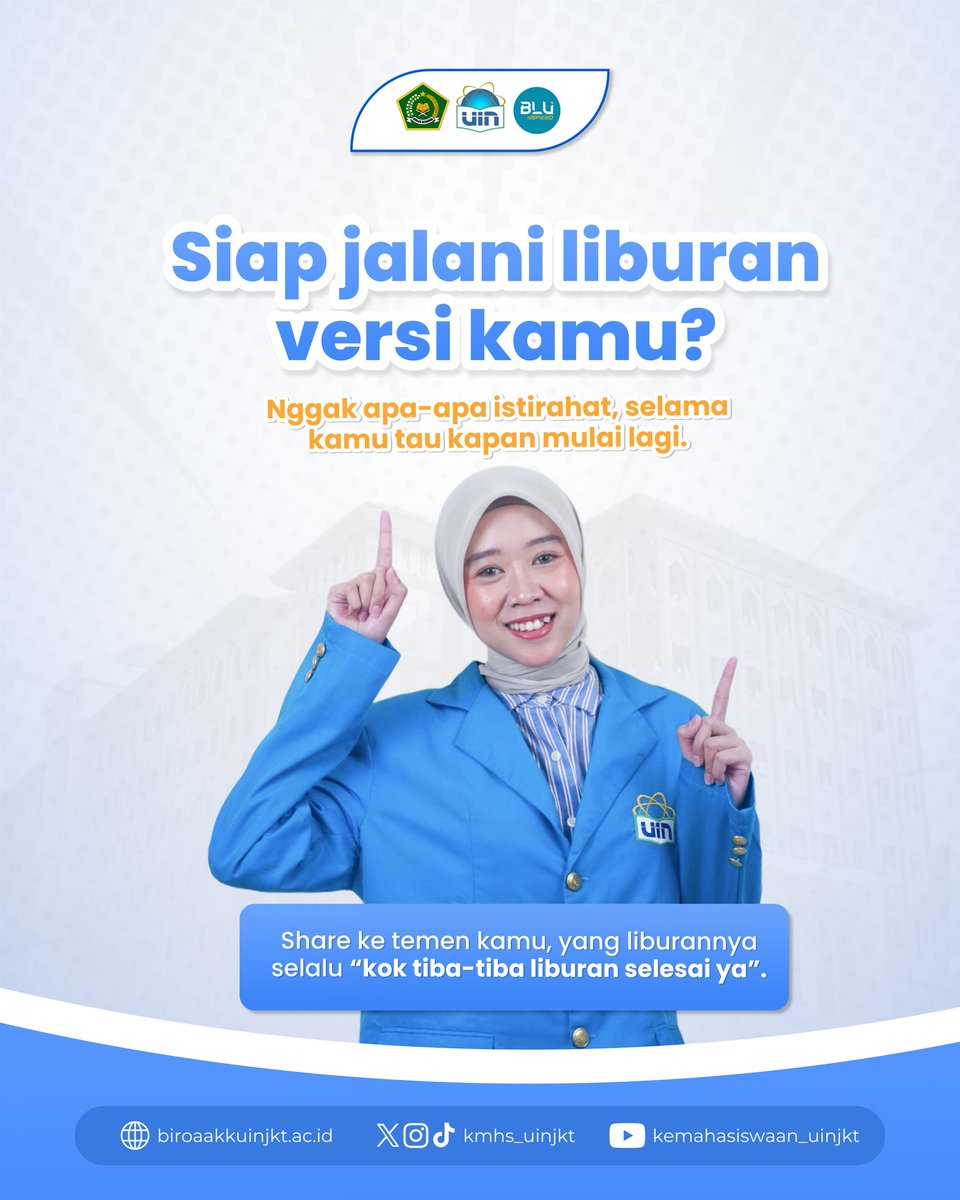 Halo Sobat Kemasis 🙌

Liburan terasa sangat cepat? Coba isi dengan hal kecil yang seperti jalan santai, beresin kamar, atau refleksi diri. Nggak harus besar, yang penting sadar menjalaninya ✨

Versi liburan kamu gimana nih, Sob? 👀

#SobatKemasis 
#UINJakarta