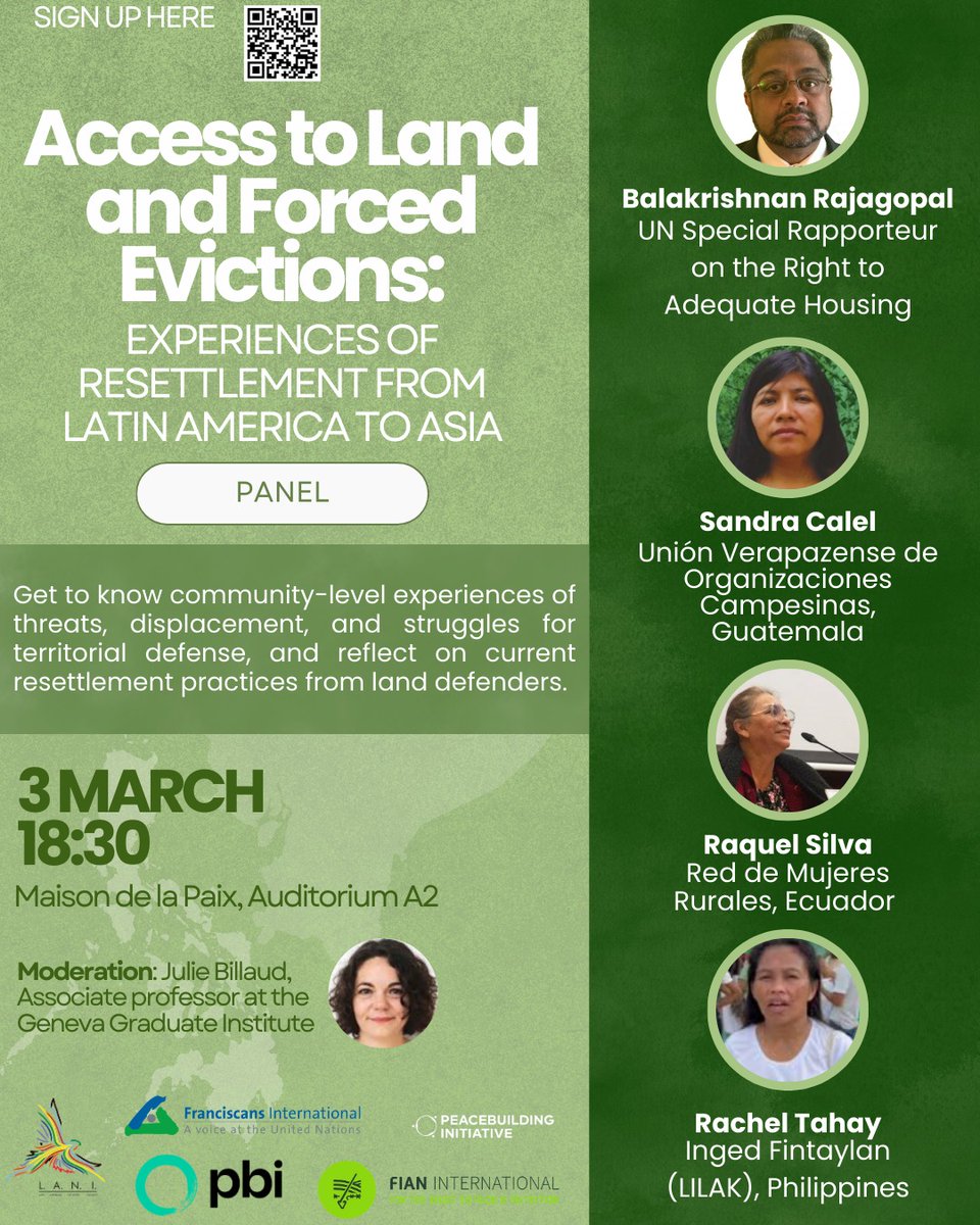 pbigeneva's tweet photo. 📢 3 March - 18:30
Maison de la Paix, Geneva
Public event: "Access to Land and Forced Evictions"
Community experiences of displacement and territorial defense from Latin America to Asia
With UN Special Rapporteur UN @adequatehousing &amp;
@UVOCGUATE @RuralesEcuador
@KatutubongLilak https://t.co/Qxy7Kh5vCz