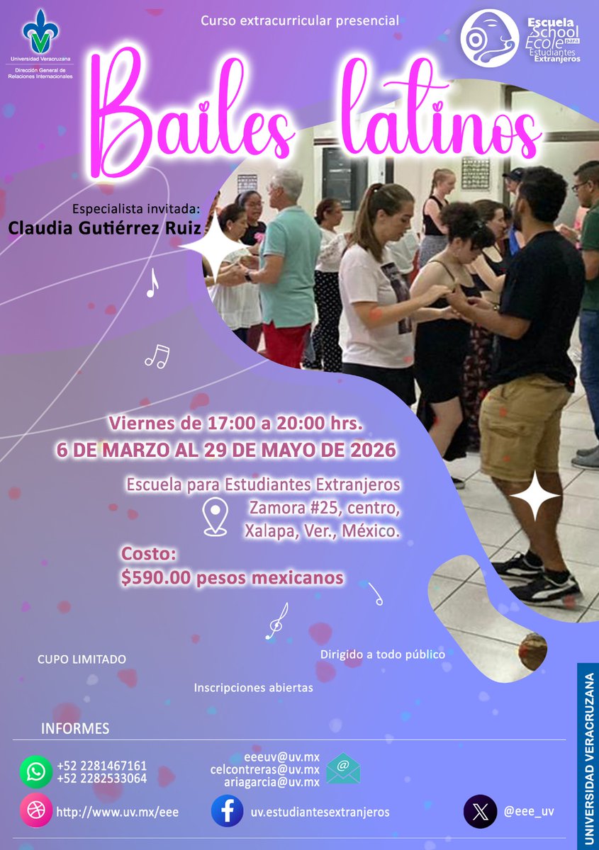 💚💙#EgresadoUV 💃¿te gusta moverte al ritmo de la salsa, la bachata o el merengue? 🕺
La Escuela para Estudiantes Extranjeros UV te invita a su curso presencial de Bailes Latinos.

📞 228 146 7161
📞228 253 3064
✉️ eeeuv@uv.mx | celcontreras@uv.mx | ariagarcia@uv.mx