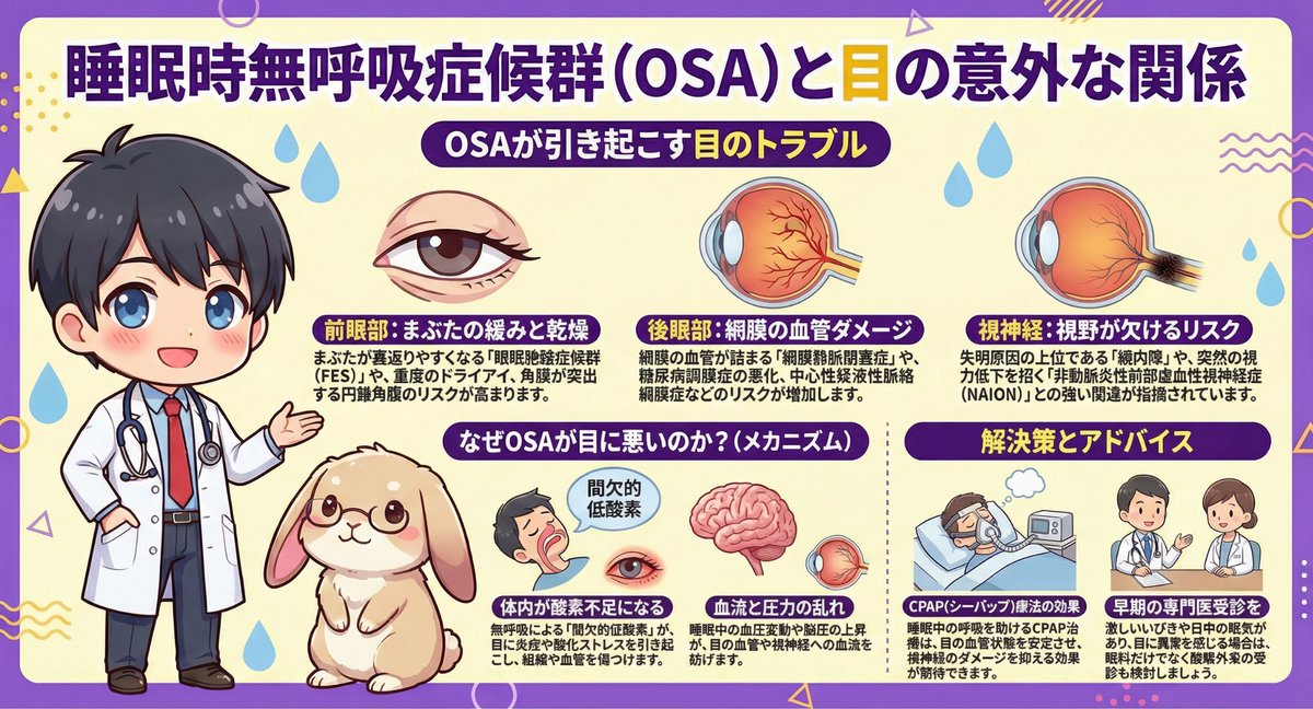 睡眠時無呼吸症候群（OSA）が、実は「目」の健康にも深刻な影響を与えることをご存知ですか？💡

最新のレビュー論文によると、OSAによる睡眠中の「断続的な低酸素状態」や「酸化ストレス」「炎症」「血流の乱れ」は、目のあらゆる組織にダメージを与えることが分かっています。

⚠️