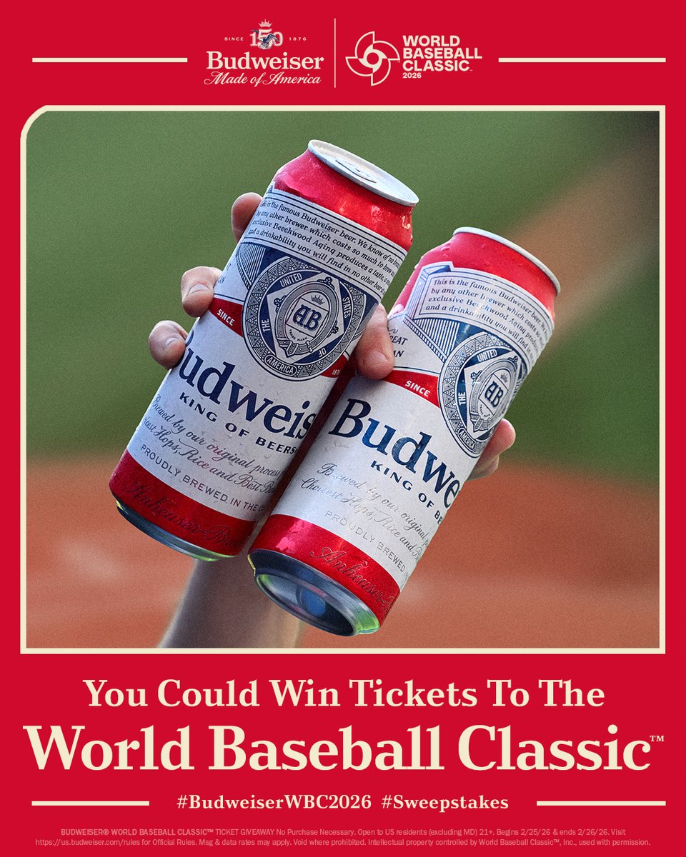 WANT TO GO TO THE WORLD BASEBALL CLASSIC™?

We’re giving away tickets to the World Baseball Classic™. Reply #BudweiserWBC2026 #Sweepstakes for your chance to win.