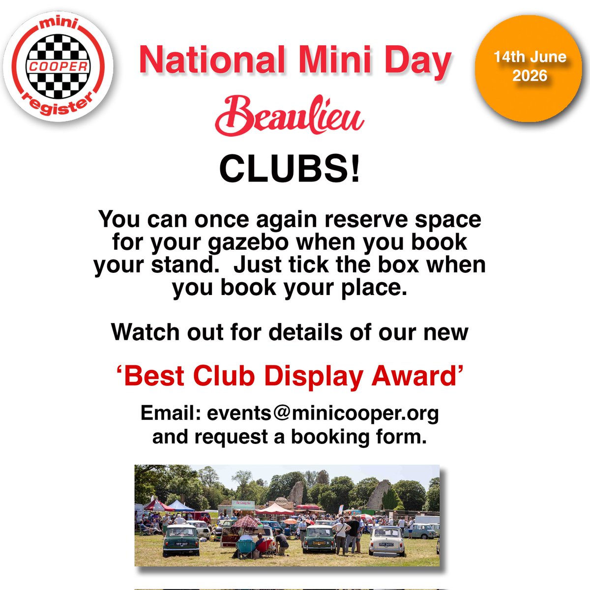 CooperRegister's tweet image. Clubs! Your time has come to book. Get creative for the new "best club display award" - don't forget it's our 40th birthday 😄
#miniclub #carshow #minicooper