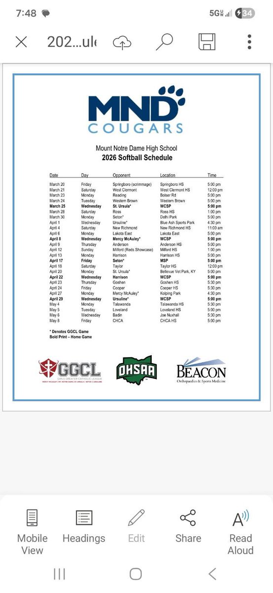 MadiJackson2029's tweet photo. Mount Notre Dame schedule for the spring season!!! Can’t wait for games to start!! https://t.co/G63CskR3YM