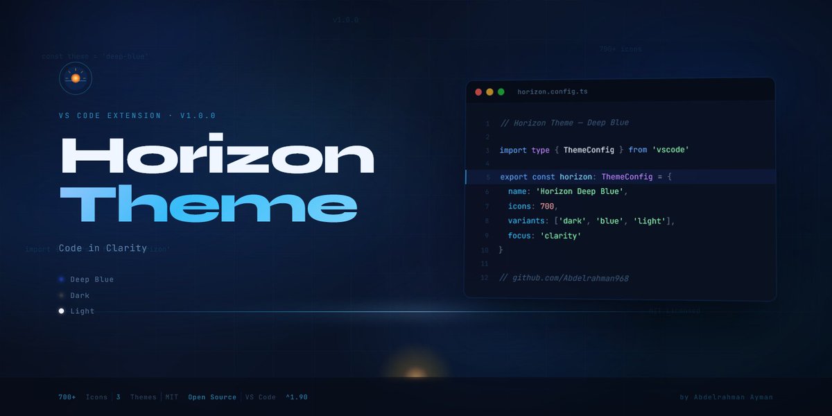 Abdelrahman_968's tweet photo. 🚀 Horizon Ultimate Theme — Code in Clarity is officially live on the VS Code Marketplace!

I built this because I wanted a theme that felt intentional 
https://t.co/c42j0dJa3d

#VSCode #DeveloperTools #OpenSource #ThemeDesign #WebDevelopment #Productivity #VSCodeExtension https://t.co/xNFKOq68I2