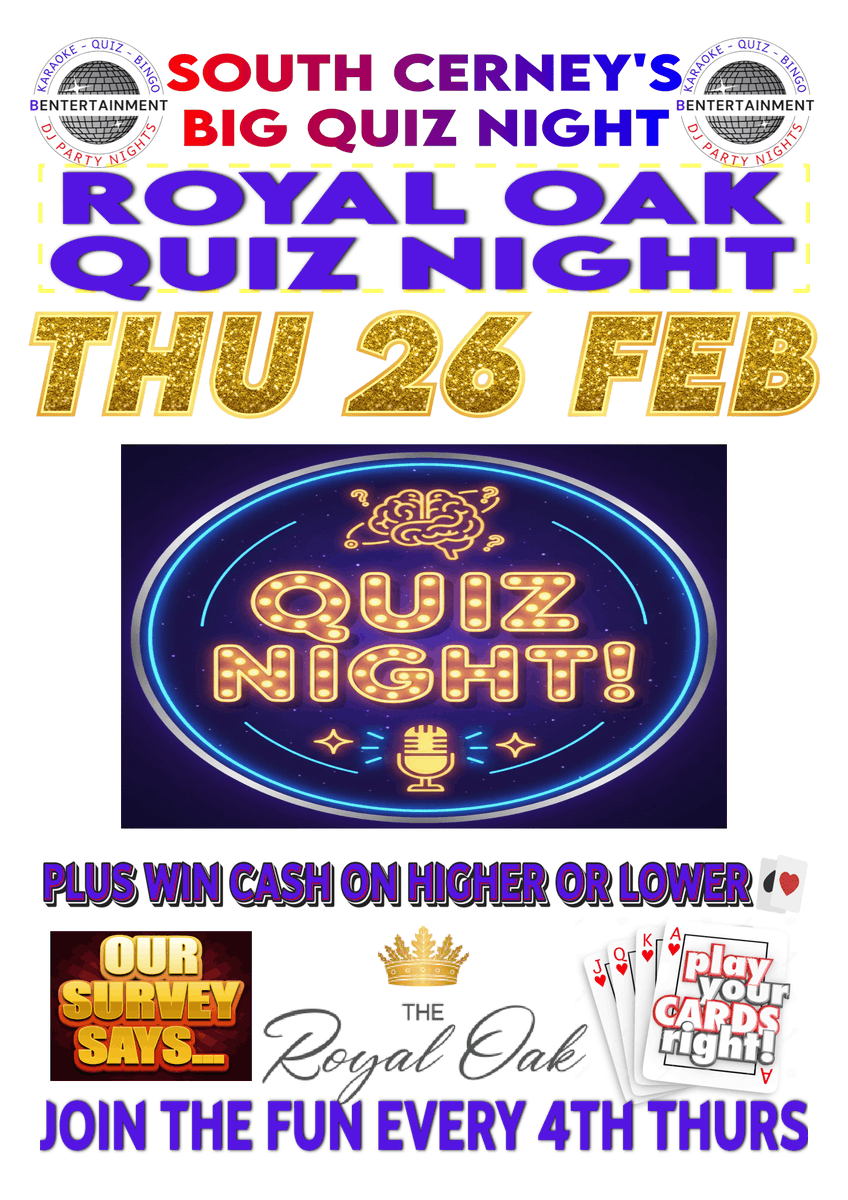 ItsBentertains's tweet image. Looking forward to this one, it's #quiznight in South Cerney at The Royal Oak! Fun, games and chances to win £115 on Higher Or Lower ♠️♥️♣️#bookatable 01285 840719 #pubquiz #Cotswolds