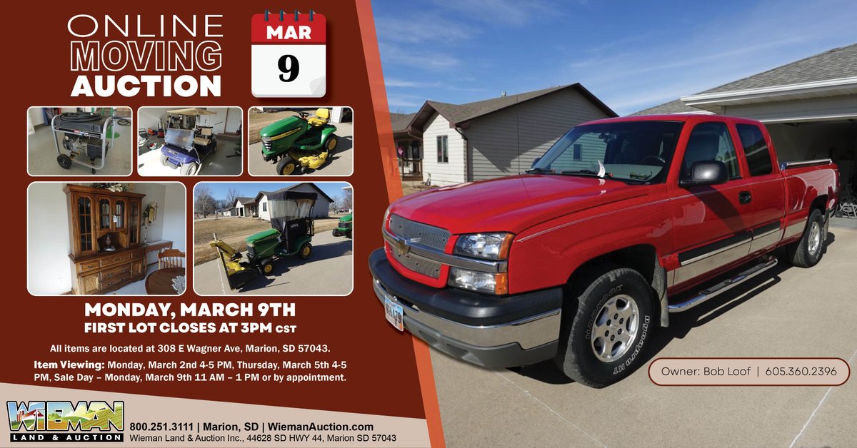 wiemanauction's tweet image. Upcoming Event: Loof Online Moving Auction
Monday , March 9th,2026 at 3:00 PM
All items are located at 308 E Wagner Ave, Marion, SD.
Bidding is Open: wiemanauction.com/auction-info.p…
#personalproperty #movingauction #household #wiemanauction