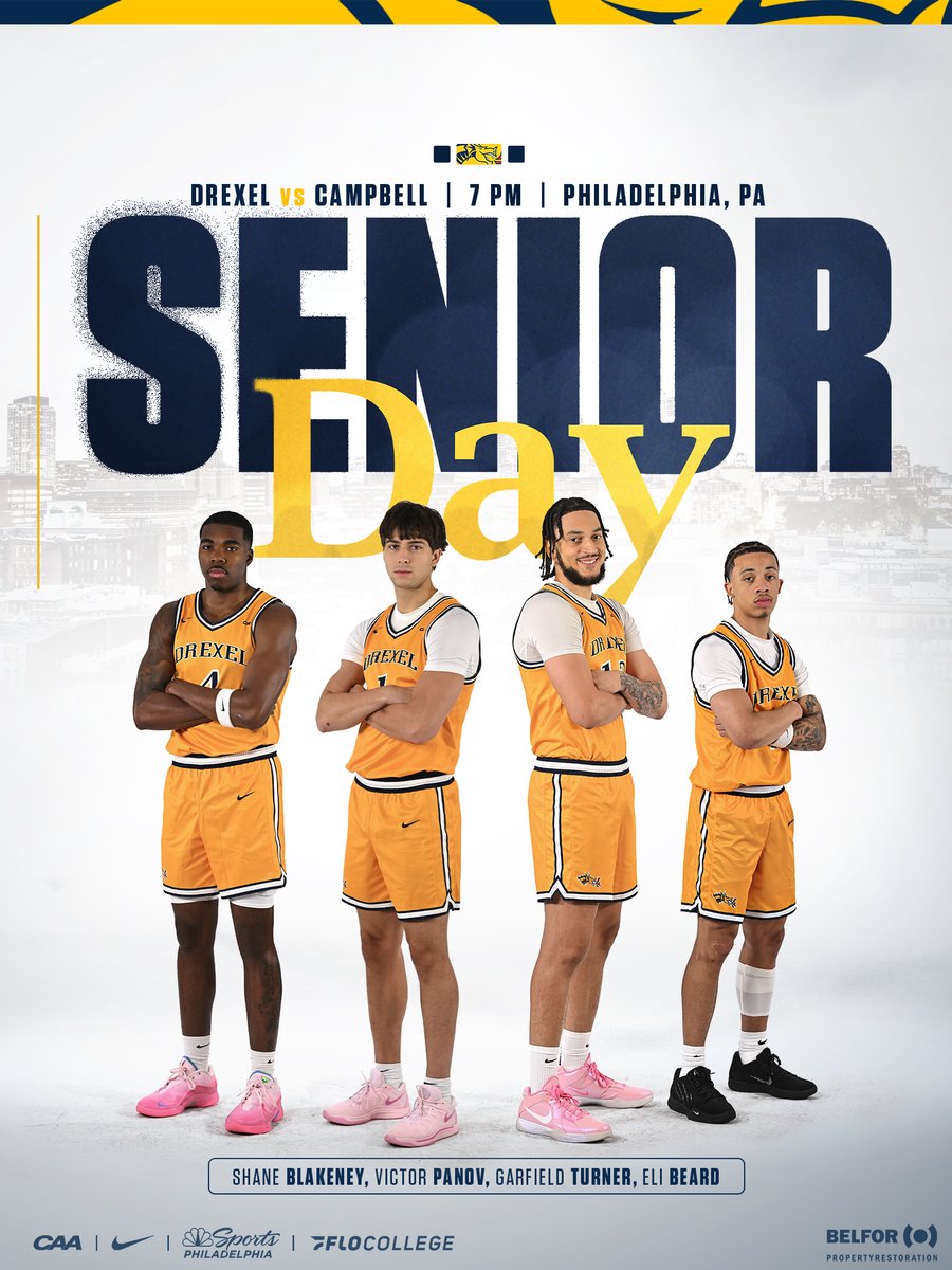 DrexelMBB's tweet photo. Happy Senior Day. 🫡

🆚 | Campbell
⏰ | 7 PM
📍 | Philadelphia, Pa.
📺 | @NBCSPhilly 
📈 | https://t.co/bg5s0z2CLg
💻 | https://t.co/9UDkui8n16

#FearTheDragon🐉 https://t.co/VarI5JpjP6