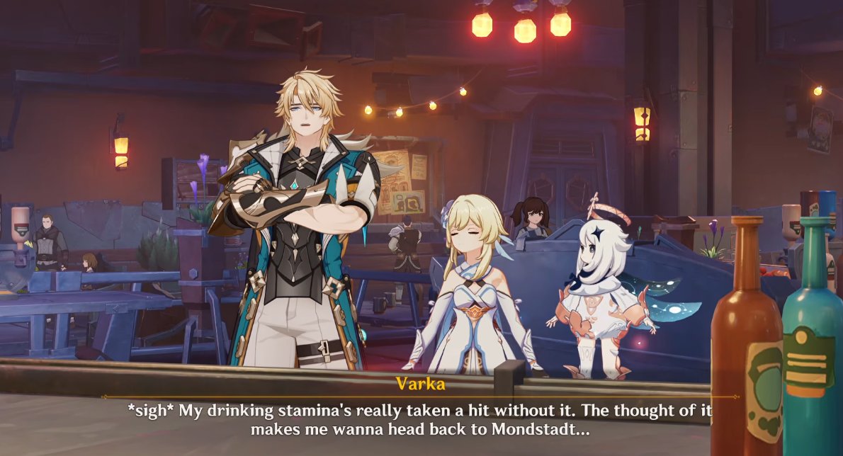 #varflins  tavern anecdote
If you choose the 'sour option' -- Varka brings up Noelle's hangover soup with Wolfhooks and Berry juice; and he reminisces sentimentally how his drinking stamina has taken a hit without it, and he wishes to go back to Mondstadt.