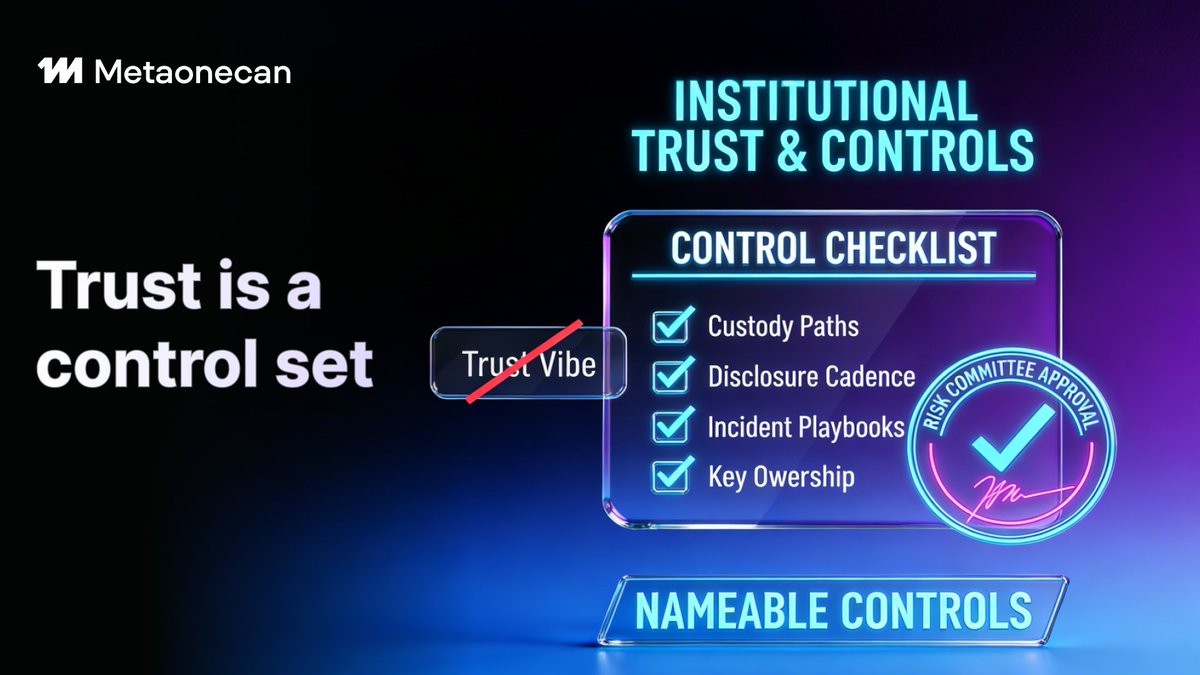 MetaOnecan's tweet photo. In the next cycle, “trust” won’t be a vibe.

It will be a set of controls: custody paths, disclosure cadence, incident playbooks, and who holds the keys.
Brands that can name their controls win.
#Security #ProofNotPromises #Crypto https://t.co/4vH3FrHj9n