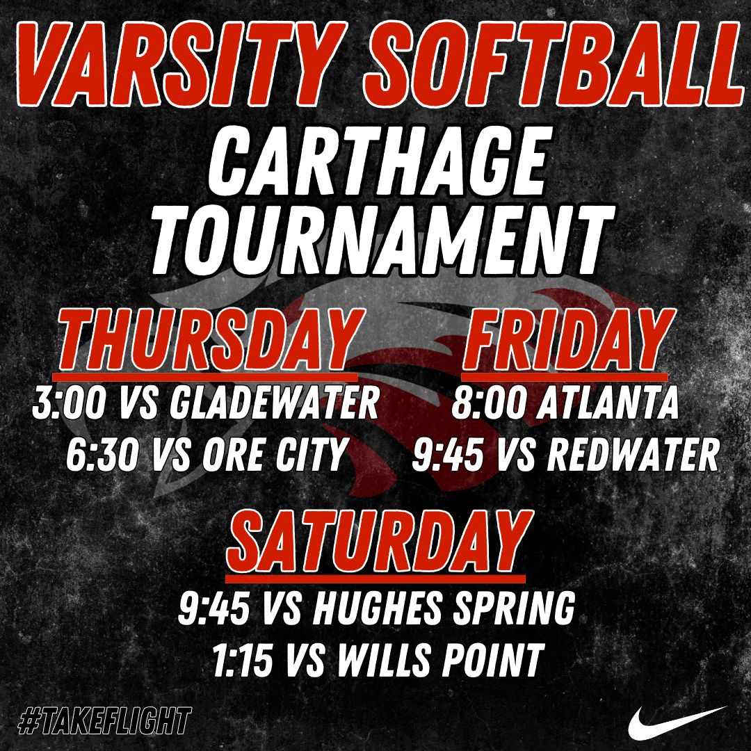 Our Eagles are hitting the road and hosting as they compete across East Texas this weekend! Let’s pack the stands!

JV Baseball – Rusk Tournament
Varsity Baseball – Nacogdoches Tournament
JV Softball – Nacogdoches Tournament
Varsity Softball – Carthage Tournament

#TakeFlight
