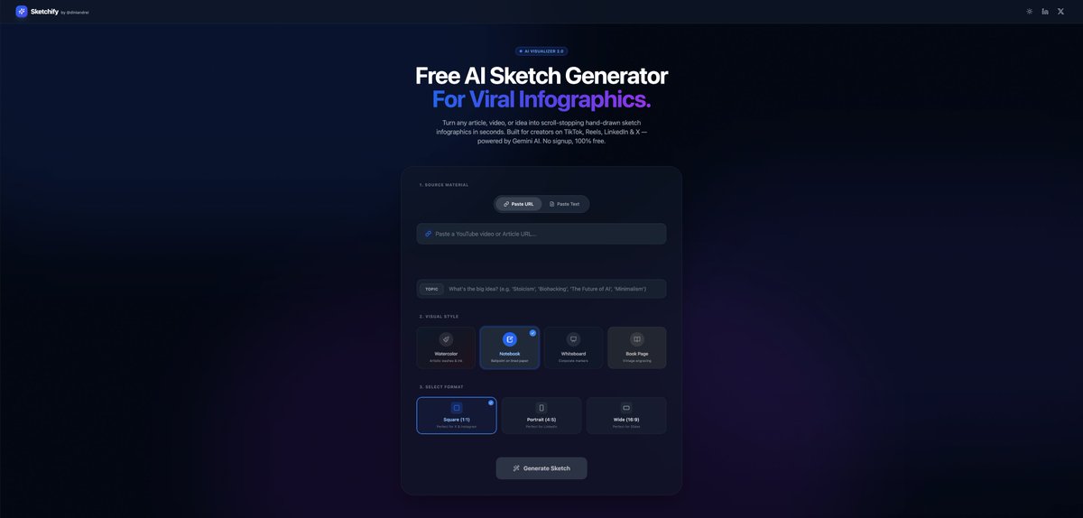 diniandrei's tweet photo. Great ideas die in walls of text.
So I built a free AI tool that turns any URL or text into a sketch infographic - automatically.

@rubenhassid showed the manual version. I automated every step. 
It's called Sketchify. Gemini-powered. Free. No singup.

Link in replies 👇 https://t.co/Gq5Yy12yQS