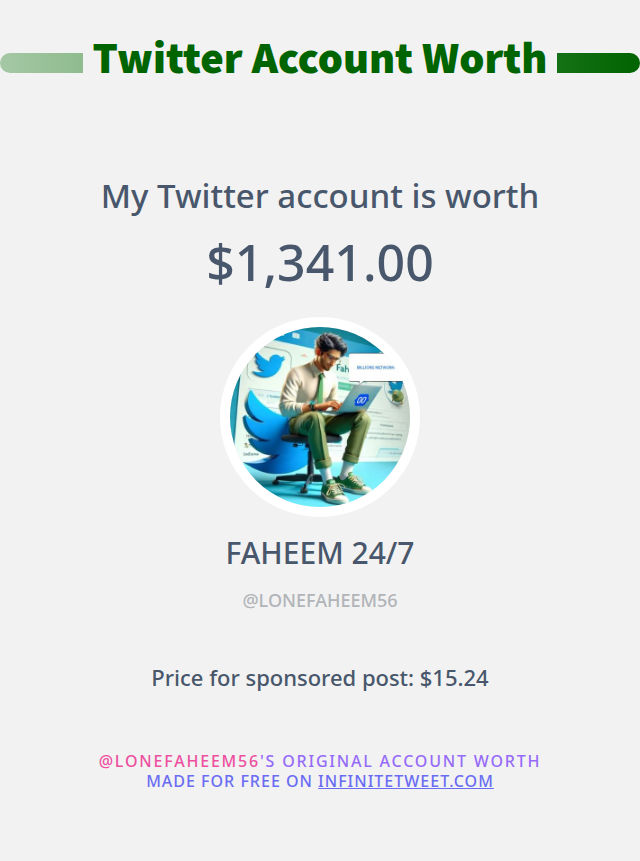 My Twitter worth is: $1,341.00

➡️ infinitetweet.me/account-worth