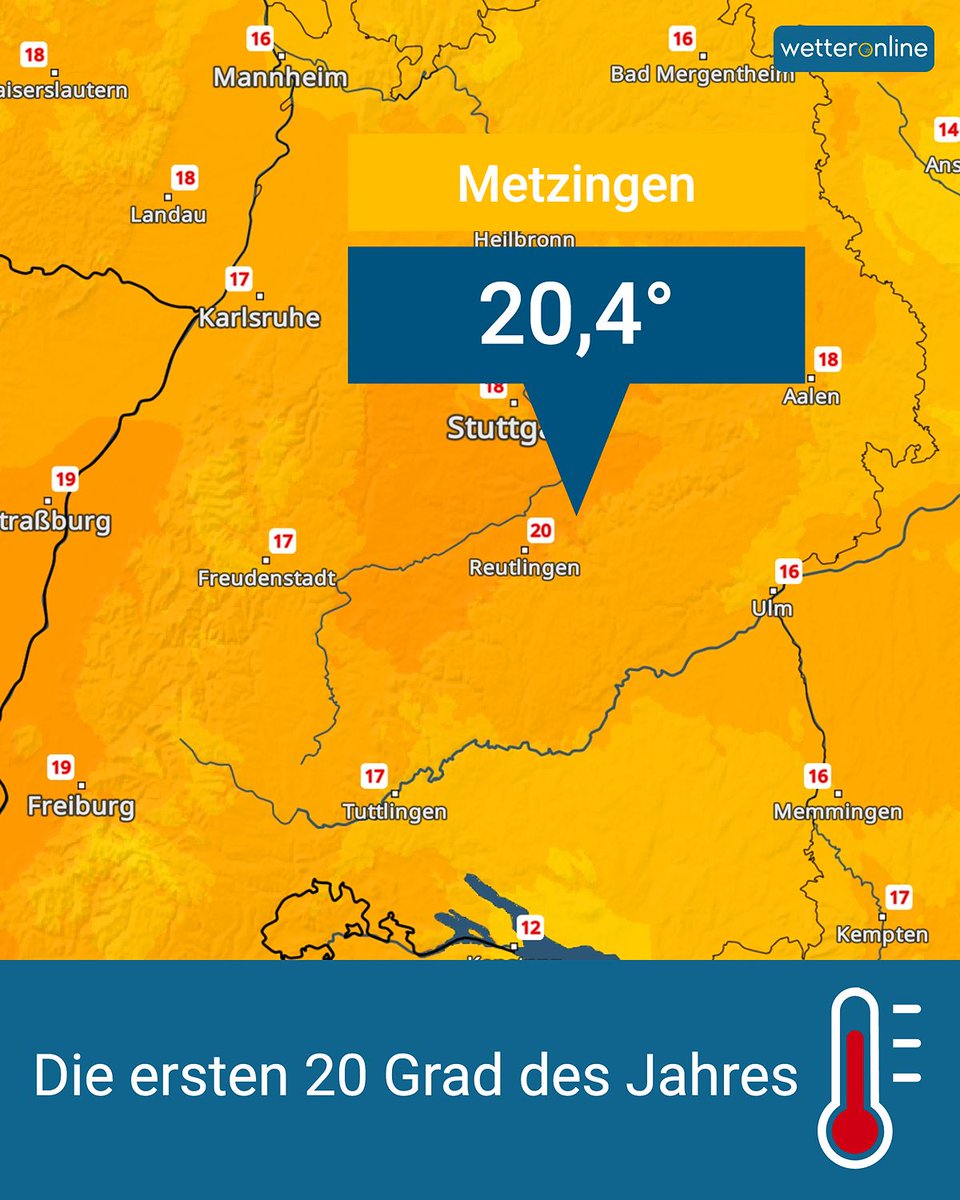 WetterOnline's tweet photo. 🌡️ Erste 20 Grad des Jahres: In Metzingen wurden 20,4 Grad gemessen – bisheriger Höchstwert 2026. Auch sonst 16 bis 19 Grad, besonders mild im Westen und Süden. ☀️
Mehr Infos: 👉️ https://t.co/x1Sl1c3tbO
#Metzingen #20Grad #Wetter #Deutschland https://t.co/I85EQjpHFP