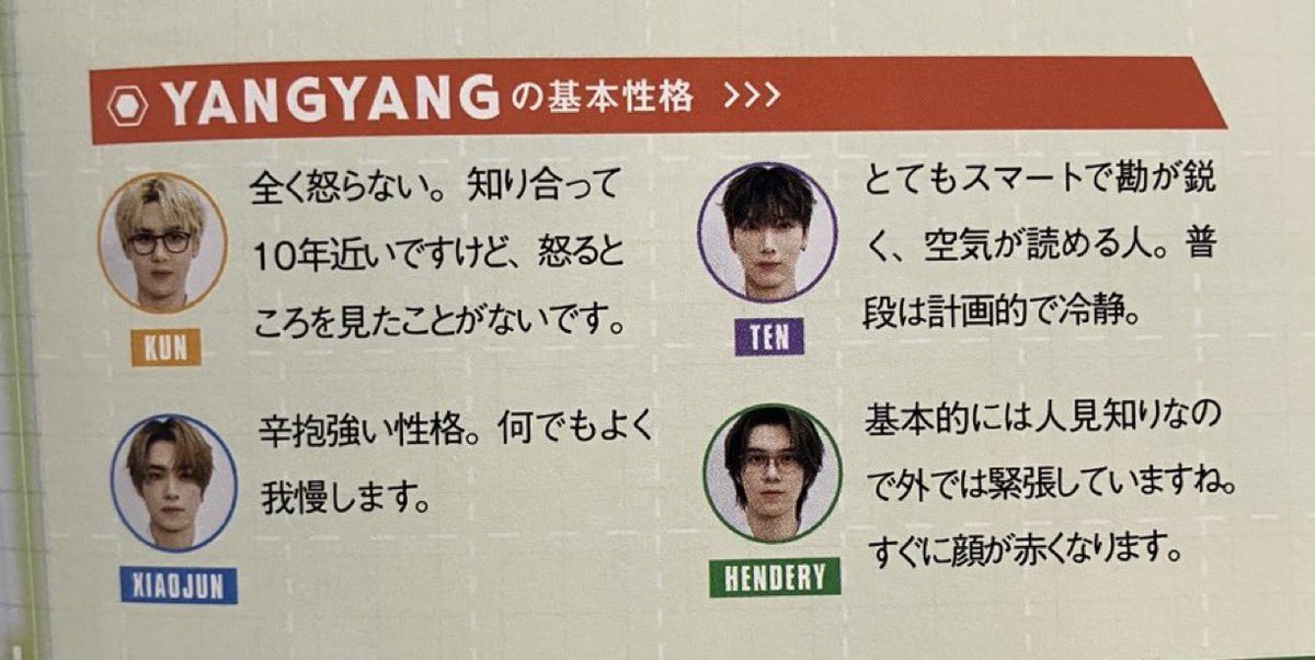 Yangyang’s basic character according to the members:
 
🐻: he never gets angry. We’ve known each other for almost 10 years but ive never seen him get angry 
🐱: he is very smart, has a keen sense of intuition, and is usually calm &amp; organized +