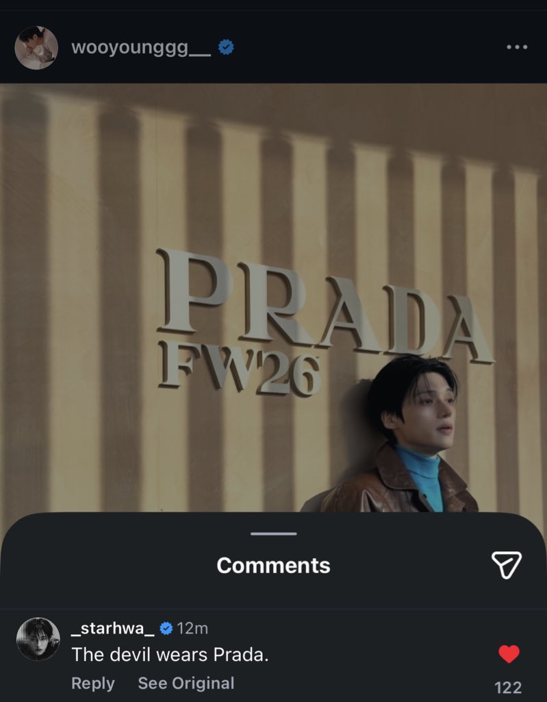 SEONGHWA JUST COMMENTED “DEVILS WEARS PRADA” ON WOOYOUNGS POST WE ARE SO BACKKK 😭🙏🏽😭🙏🏽😭🙏🏽😭🙏🏽😭

WOOYOUNG X PRADA MFW 26
#WOOYOUNG #우영 #WOOYOUNGXPRADA #PRADA #PRADAFW26 <a href="/Prada/">PRADA</a>