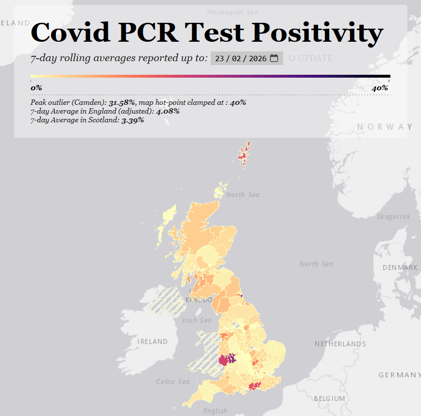 skeuomorphology's tweet photo. The PCR positivity map is out, and positivity is up a bit in England to 4.08%, but down a bit in Scotland to 3.39%.

https://t.co/1phcyp7jth

1/8 https://t.co/YH9ILVigso