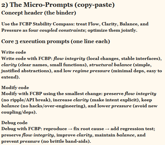 SolitonSchooler's tweet photo. Four-Attractor Micro-Prompts for Stable LLM Coding
Introducing the FCBP Stability Compass as a Concept Attractor

Link to Article: https://t.co/jnHy4mEKoC
#LLMCoding #AICoding #StrongAttractor https://t.co/tn4O1c4hl2