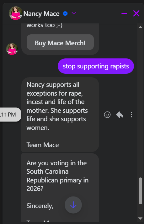 bombshelboy's tweet photo. @NancyMace why do you support all exceptions for rape, incest, and life of the mother? The longer you are in support of the president, the longer you support child rapists https://t.co/QevKtAeBCi