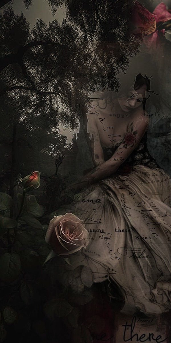 In twilight's hush she bends, a fragile form,  
beneath the boughs where dying roses swarm;  
her gown, once pale as moonlight's fleeting grace,  
now weeps with crimson ink across her face.  

Petals fall like blood from open wounds,  
thorns tattoo her arms in whispered runes—