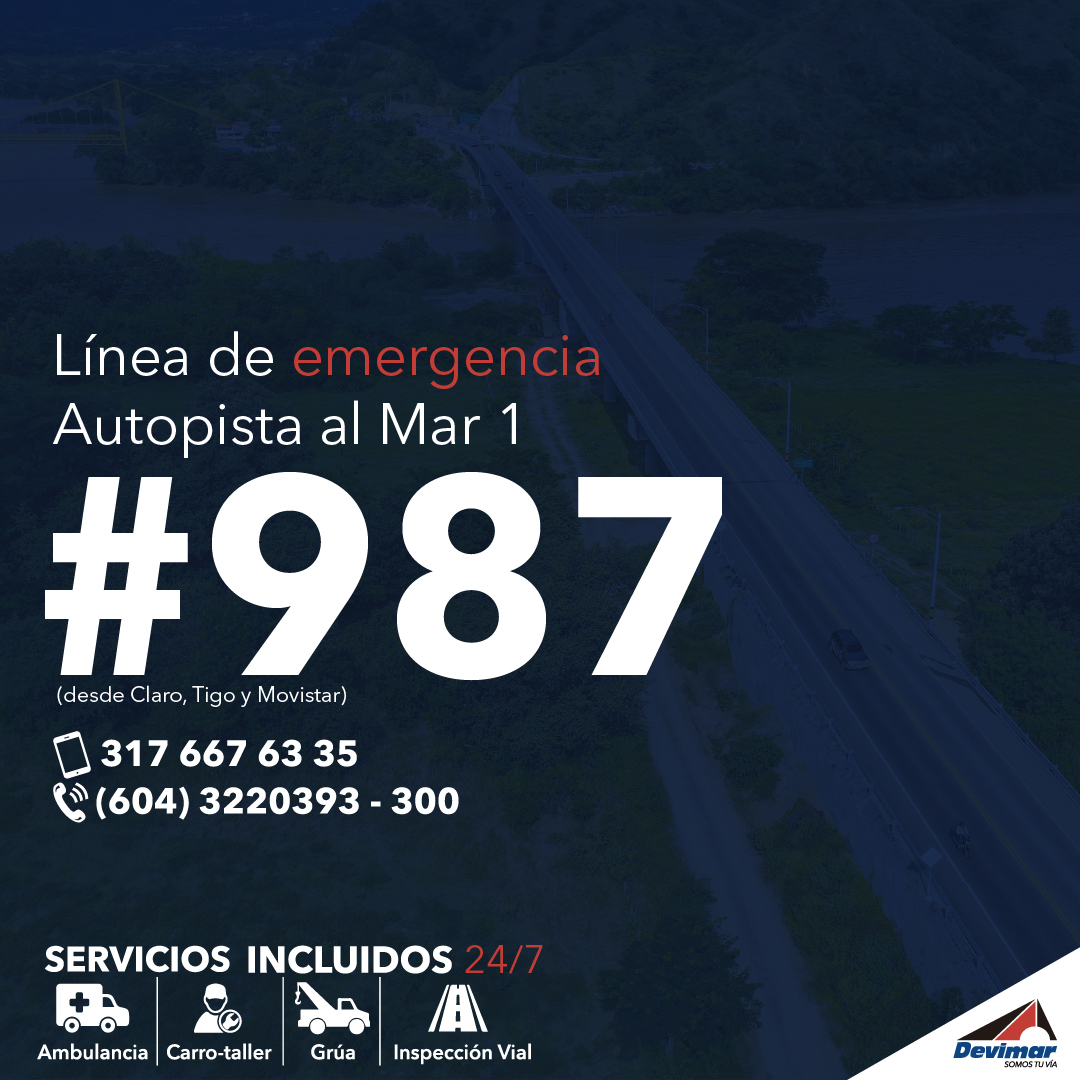 ¿Conoces la nueva línea de emergencia de la Autopista al Mar 1📲?

#987

Las otras líneas continúan activas📞:
3176676335
6043222039-300

Ofrecemos los servicios gratuitos 24/7: ambulancia, grúa, carro-taller e inspección vial 🚑🔧🚨.

¡Estamos aquí para ti 🤝!
#SomosTuVía