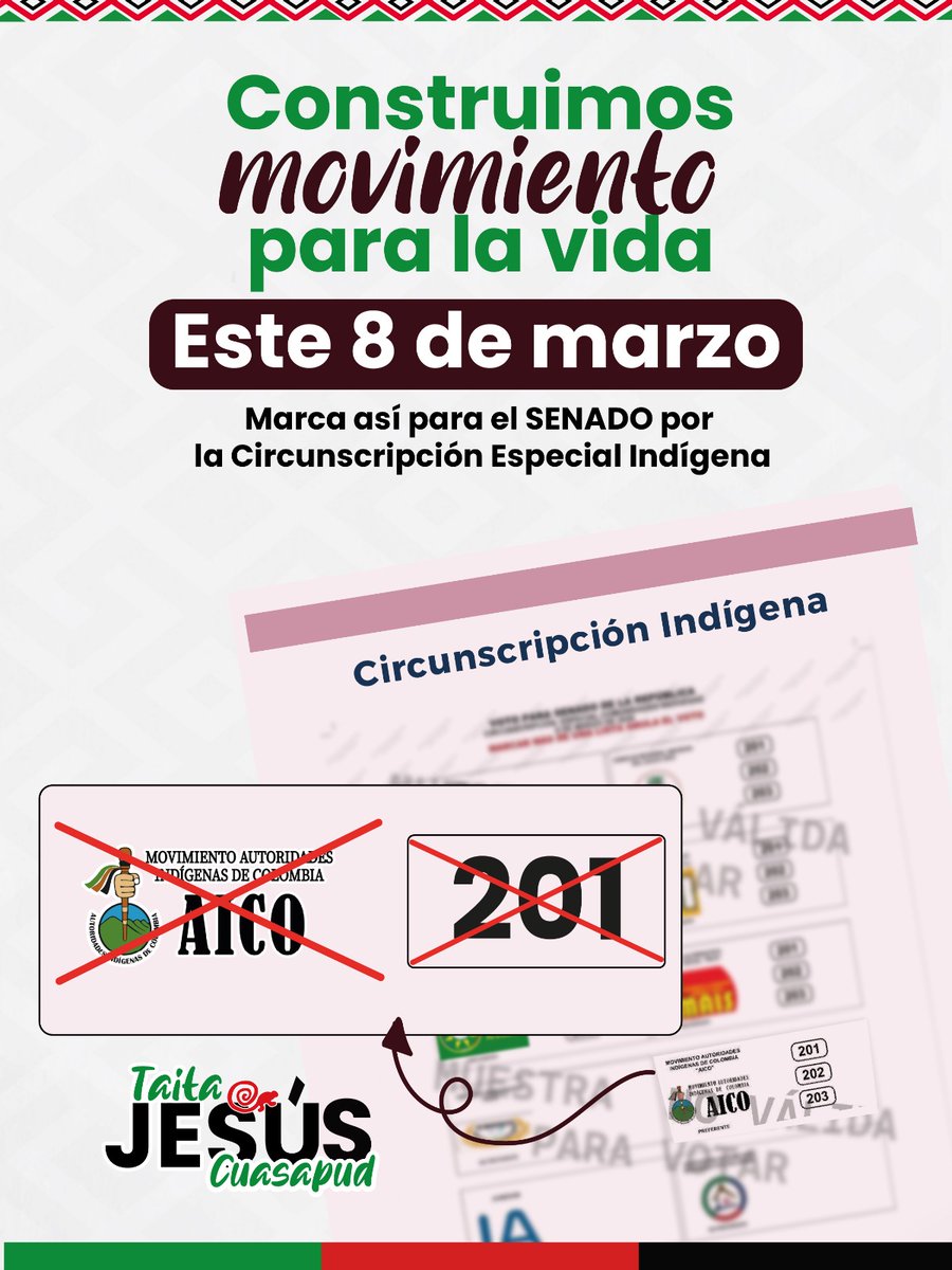 JesusCuasapud's tweet photo. 🗓 Este 8 de marzo es el momento de respaldar un proceso que se ha construido paso a paso en los territorios. Para el Senado en la Especial Indígena, marca AICO 201 y suma tu decisión a un movimiento que trabaja por la vida y la dignidad nuestras comunidades. https://t.co/7X2XDucglh