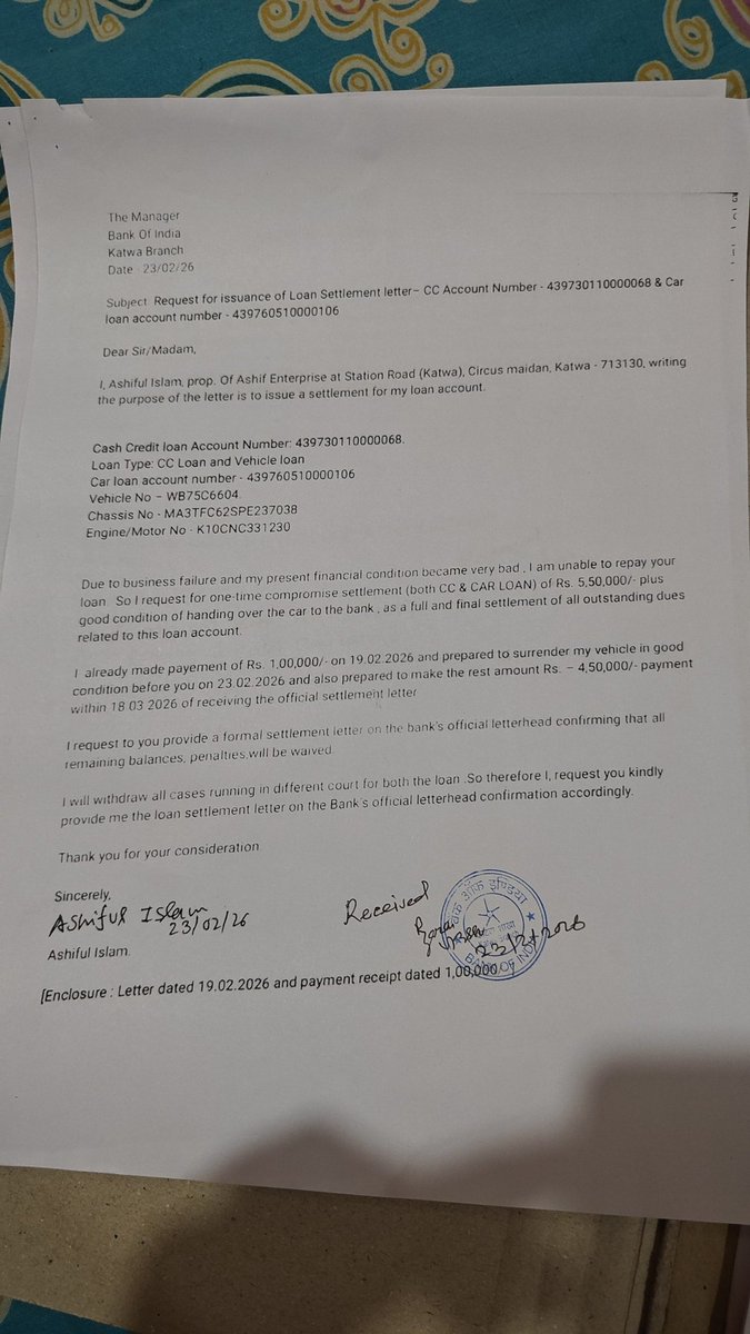 ashiful70763's tweet photo. I have fully settled my loan account bearing No 439730110000068 with your bank on 23.02.2026.I kindly request you to issue a NOC confirming that there are no outstanding dues against the above mentioned loan account as early as possible @BankofIndia_IN @RBI @RBIsays @FinMinIndia https://t.co/fJetQzWXhx