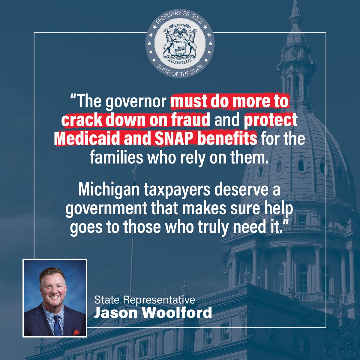 When government is held accountable, people receive the crucial services they need✅

House Republicans are ensuring that our Medicaid and SNAP programs are secure for those who need them while providing value for tax dollars💯
<a href="/JasonWoolford3/">Jason Woolford</a>