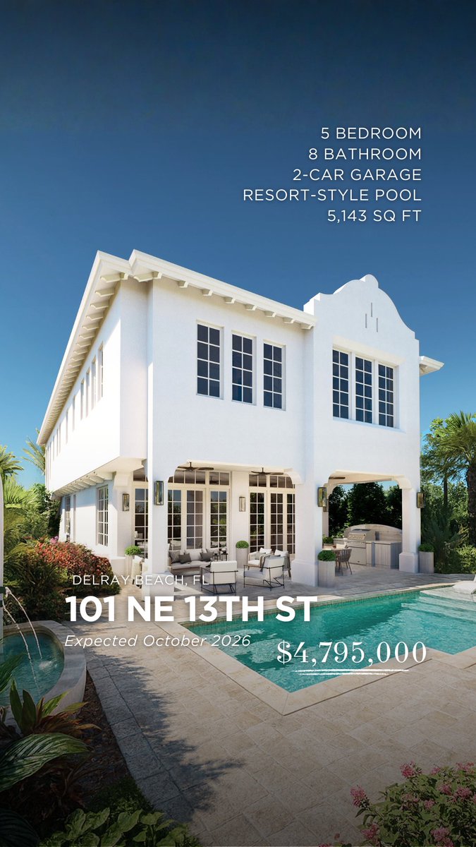 BellaHomesUS's tweet photo. #ComingSoon 101 NE 13th Street, Delray Beach FL

Expected October 2026

5 Bedrooms
8 Bathrooms
2 Car Garage
Resort Style Pool
5,143 SQ FT

$4,795,000

https://t.co/cdOiwPchSF

#palmbeachrealestate #luxuryliving #palmbeach #delraybeach #southflorida #realestate https://t.co/R3m93w89c0