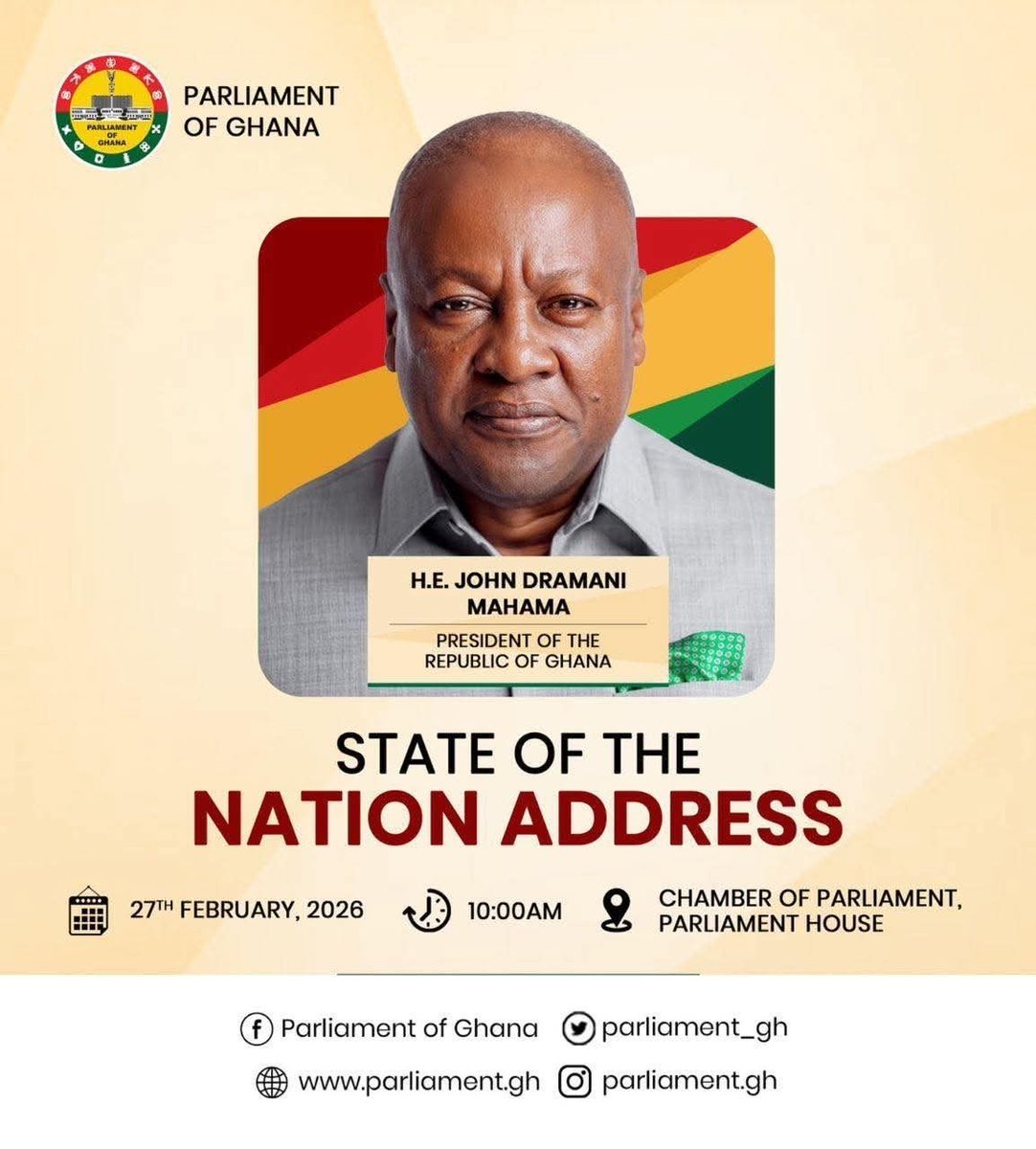 AngelFmKumasi's tweet photo. President John Mahama is scheduled to deliver the State of the Nation Address on the floor of Parliament tomorrow.
#ABNGhana #angelrockmixture #angelcola https://t.co/R2QHOj2MhP