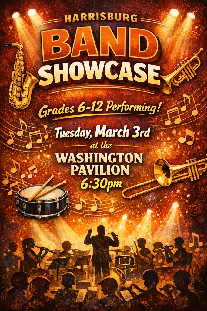 HSMSTigers's tweet photo. 🎺 Join us for the Harrisburg Band Showcase! 🎶
Grades 6–12 take the stage Tuesday, March 3 at 6:30 PM at the Washington Pavilion. Come celebrate an evening of outstanding student musicianship and music! 🎵 https://t.co/idO2AzwUtl