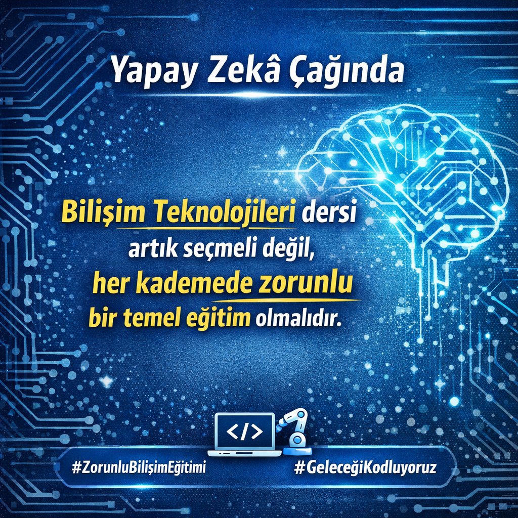 ScientixDenizli's tweet photo. @elonue Yapay Zekâ çağında Bilişim Teknolojileri dersi artık seçmeli değil, her kademede zorunlu bir temel eğitim olmalıdır.#herkadamedebilişim https://t.co/mJJTOBgmuE