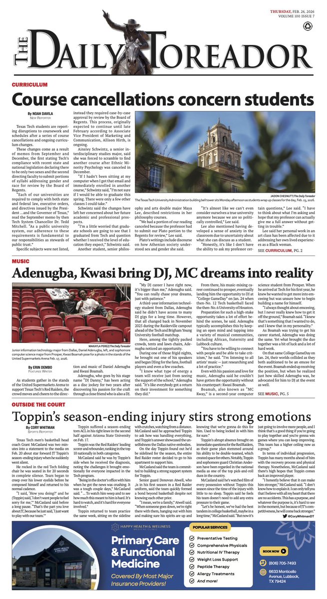 DailyToreador's tweet photo. The Daily Toreador's February print is out now! Pick up a copy on the red newsstands across campus in recognition of Student Press Freedom Day for Texas Tech's latest news and events. https://t.co/BMsi0mNAqO