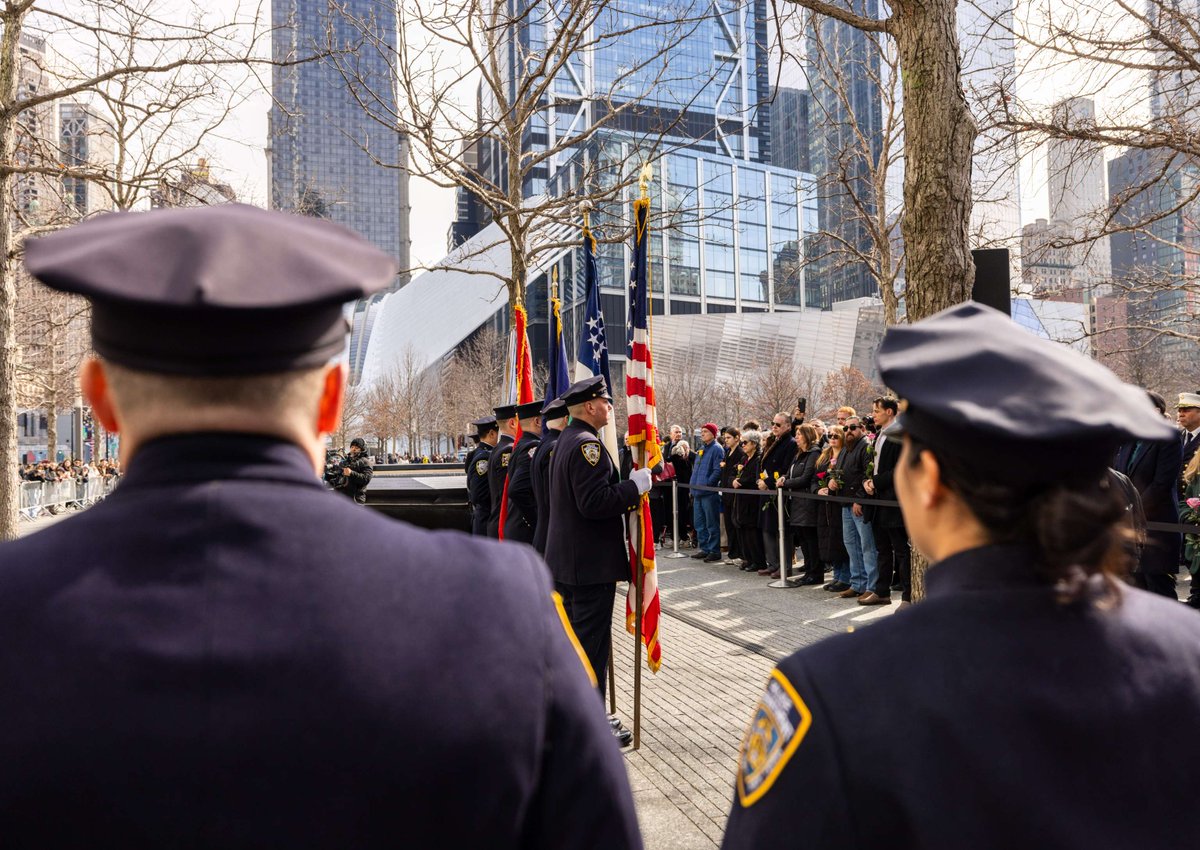 Sept11Memorial's tweet photo. This morning, we gathered at the #911Memorial to mark the 33rd anniversary of the February 26, 1993 World Trade Center Bombing and remember its victims: John DiGiovanni, Robert Kirkpatrick, Stephen A. Knapp, William Macko, Wilfredo Mercado, and Monica Rodriguez Smith and her unborn child.
 
Family members of those killed and survivors, along with PANYNJ Chairman Kevin O'Toole, PANYNJ Executive Director Kathryn Garcia, Charlie Maikish, former director of the World Trade Center Department for @PANYNJ, @NYPDnews Commissioner Jessica Tisch, members of both departments, as well as @FDNY, helped commemorate the anniversary and its place in history.