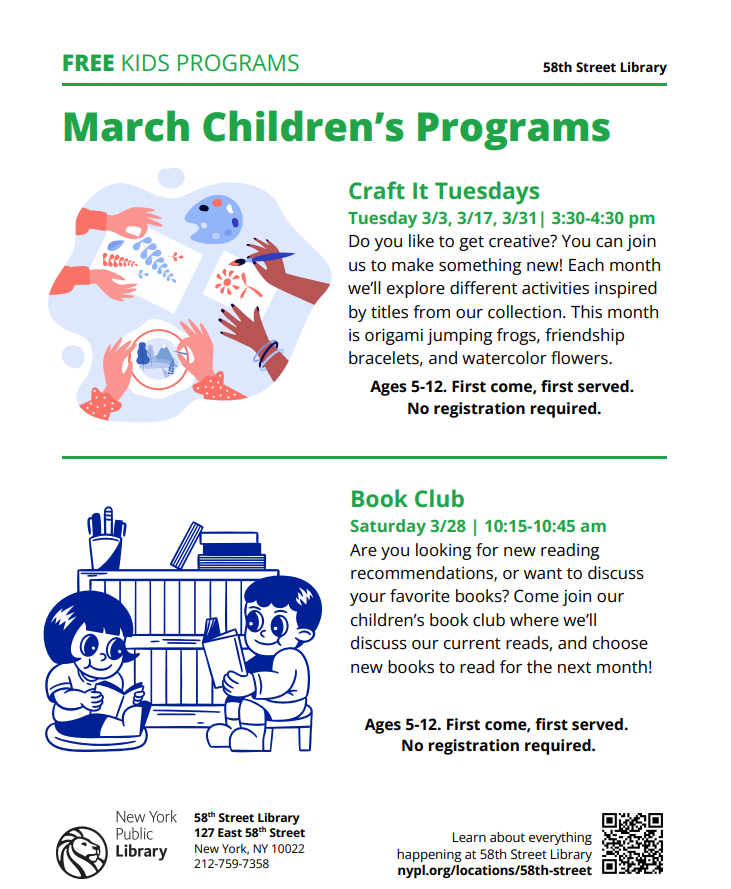58STLIBRARY's tweet photo. Hi friends! We'd love to see you and your school aged kids at our programs in March. See the flyer for the details for our weekly craft program and our monthly book discussion. https://t.co/Cy5p4d8vae