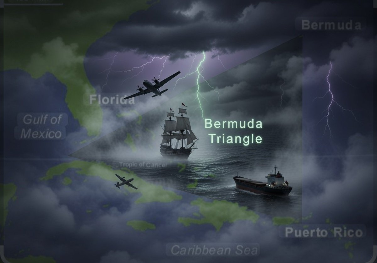 El Triángulo de las Bermudas

Es una zona del Atlántico, entre Miami, Puerto Rico y las islas Bermudas, famosa por supuestas desapariciones misteriosas de barcos y aviones desde mediados del siglo XX. 
Desde que hay registros en esa zona desaparecieron más de 50 barcos y 20
