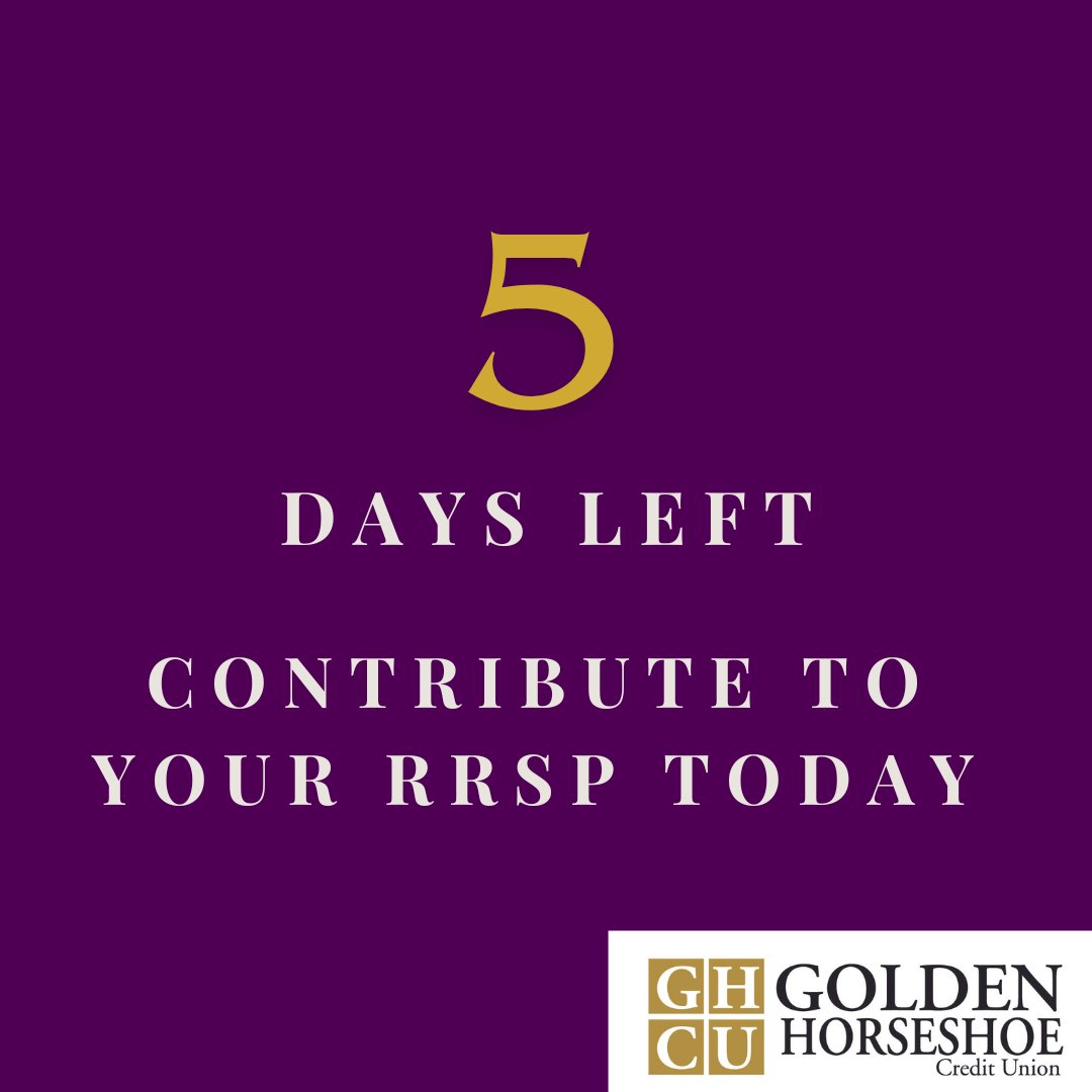 GHCU's tweet photo. ⏳ The Countdown Is On. Only 5 Days Left.
Visit us at our Mall Road or Crown Point branch today to make your contribution. 
#RRSP #10DayCountdown #Savings #FinancialFuture #GoldenHorseshoeCU #YouFirstBankingSecond #OurStrengthIsInOurMembership #HamOnt https://t.co/D9ac17upy1