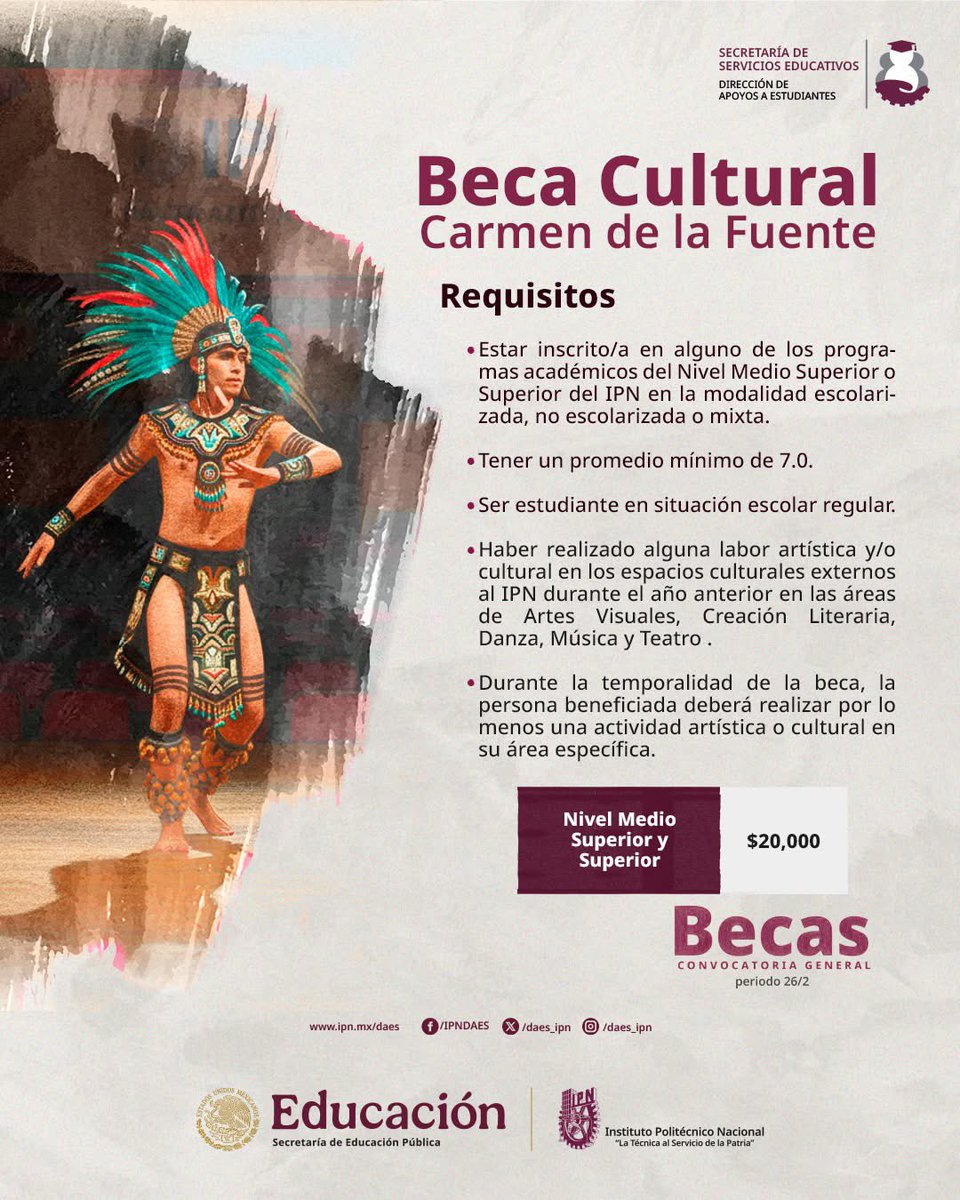 daes_ipn's tweet photo. #BecasIPN | 🩰🎨 Tu pasión artística también cuenta.
La Beca Carmen de la Fuente impulsa a estudiantes del IPN comprometidos con la cultura.
💸 Apoyo único de $20,000
🚀 Postúlate ahora: https://t.co/AfVaFRgZum @sse_ipn 
 #ArteJoven #TalentoPolitécnico https://t.co/Z67OivxaM4