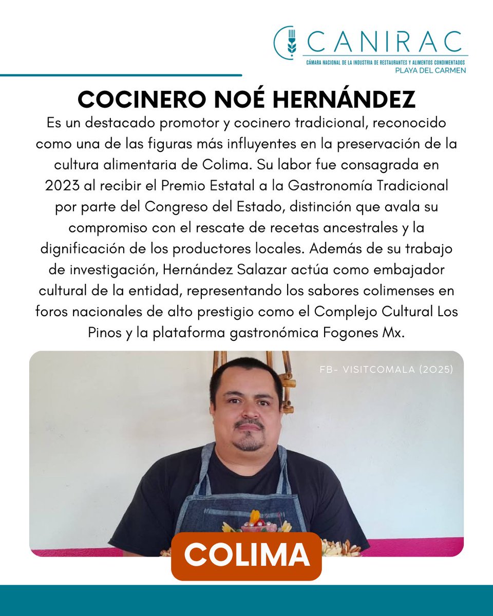 Hoy celebramos la trayectoria de Noé Daniel Hernández Salazar, un verdadero guardián de nuestra cultura. Como Cocinero Tradicional, Noé se ha dedicado a rescatar y proteger las recetas ancestrales que dan identidad a nuestro estado. 🇲🇽✨

#GastronomíaTradicional #Colima #Cultura