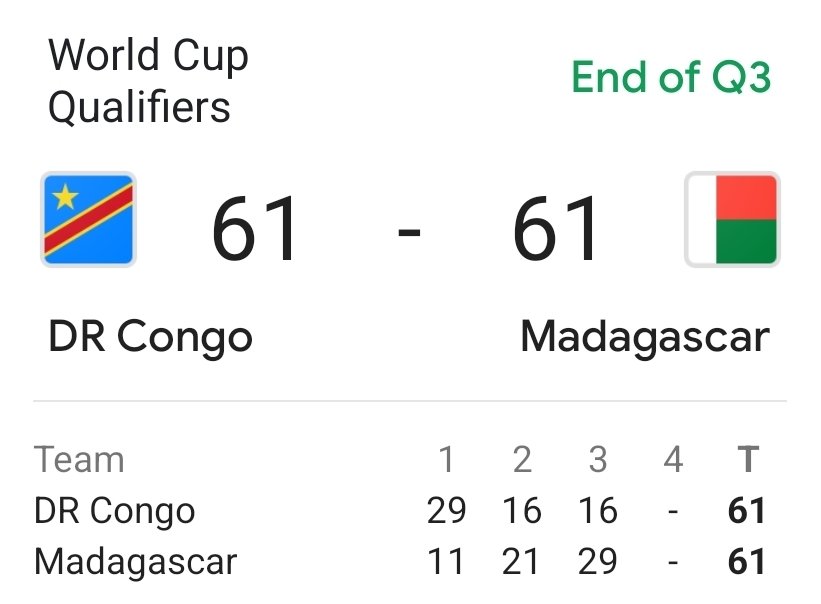 LuisWaleca's tweet photo. RD Congo 🇨🇩6️⃣1️⃣🆚️6️⃣1️⃣🇲🇬 Madagascar 
Enf of Q3
#FIBAWWC #RDCongo #Madagascar #basketball #Africa https://t.co/8PYXC82oCk